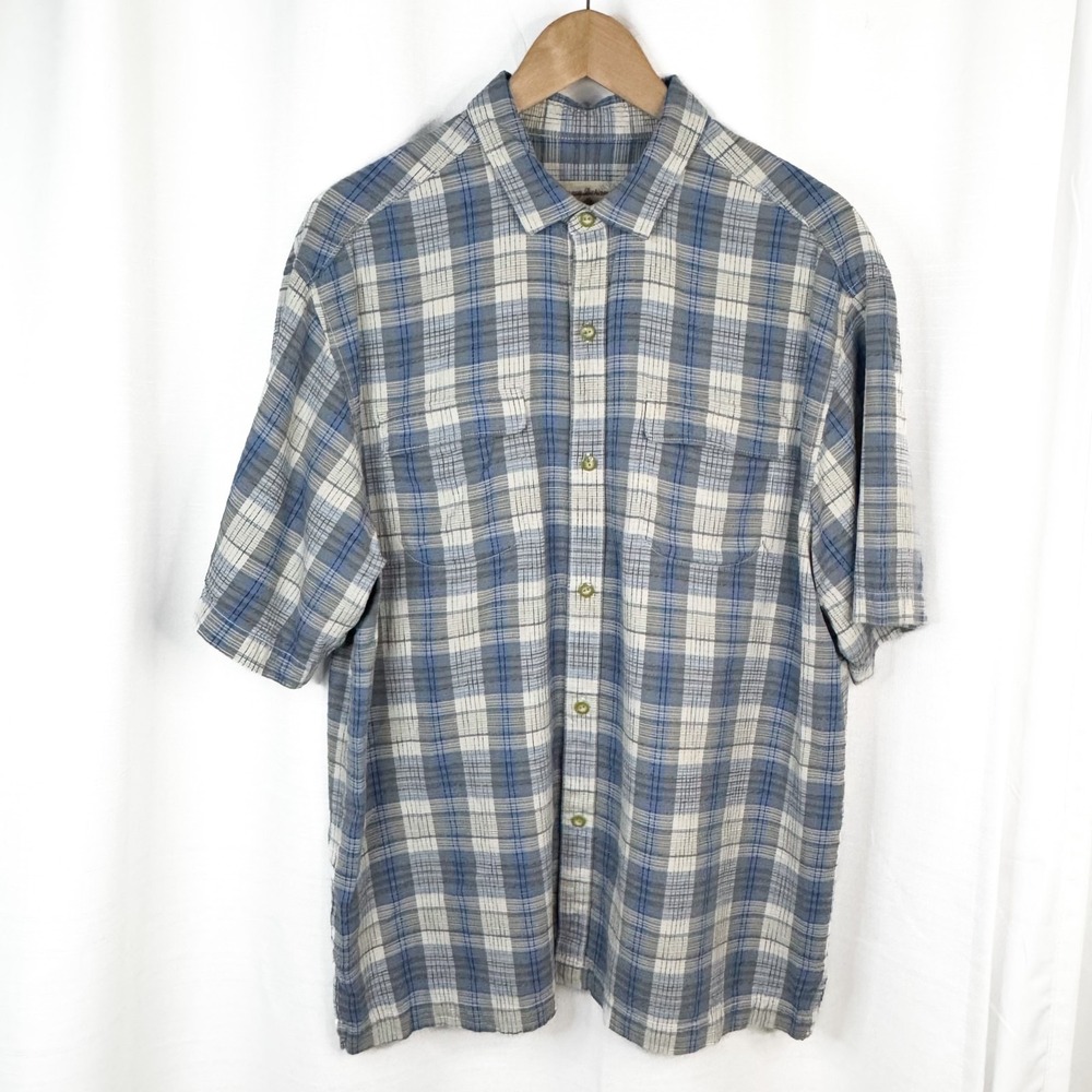 Tommy Bahama Shirt Mens Large Original Fit 100% Silk Blue Gray Plaid Button Up